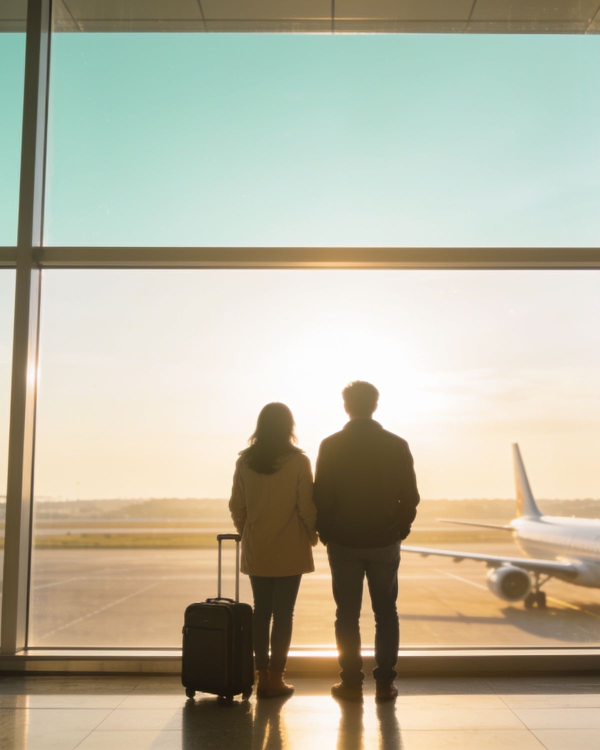 Casal olhando aviões pela janela do aeroporto ao amanhecer