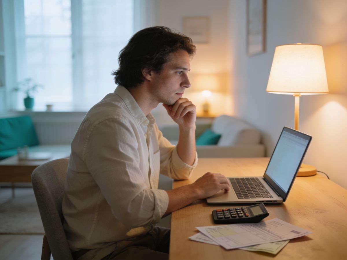 Pessoa planejando o futuro à noite, com notebook e contas na mesa