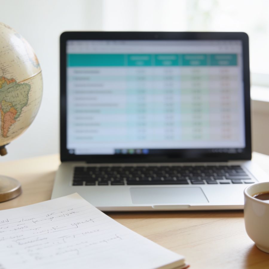 Globo, notebook e anotações para comparar países