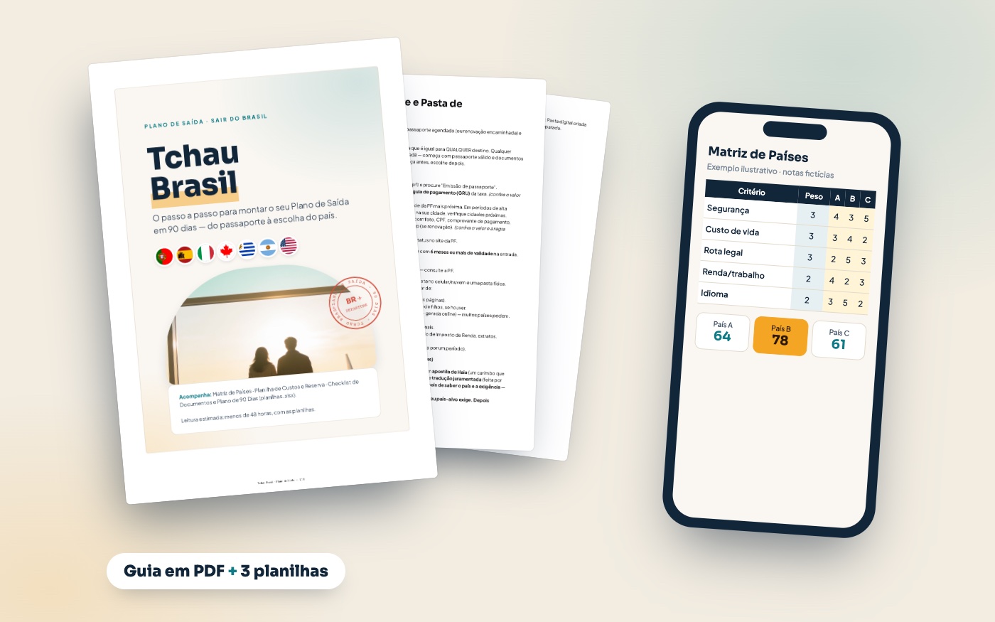 Guia Tchau Brasil em PDF e planilha Matriz de Países no celular
