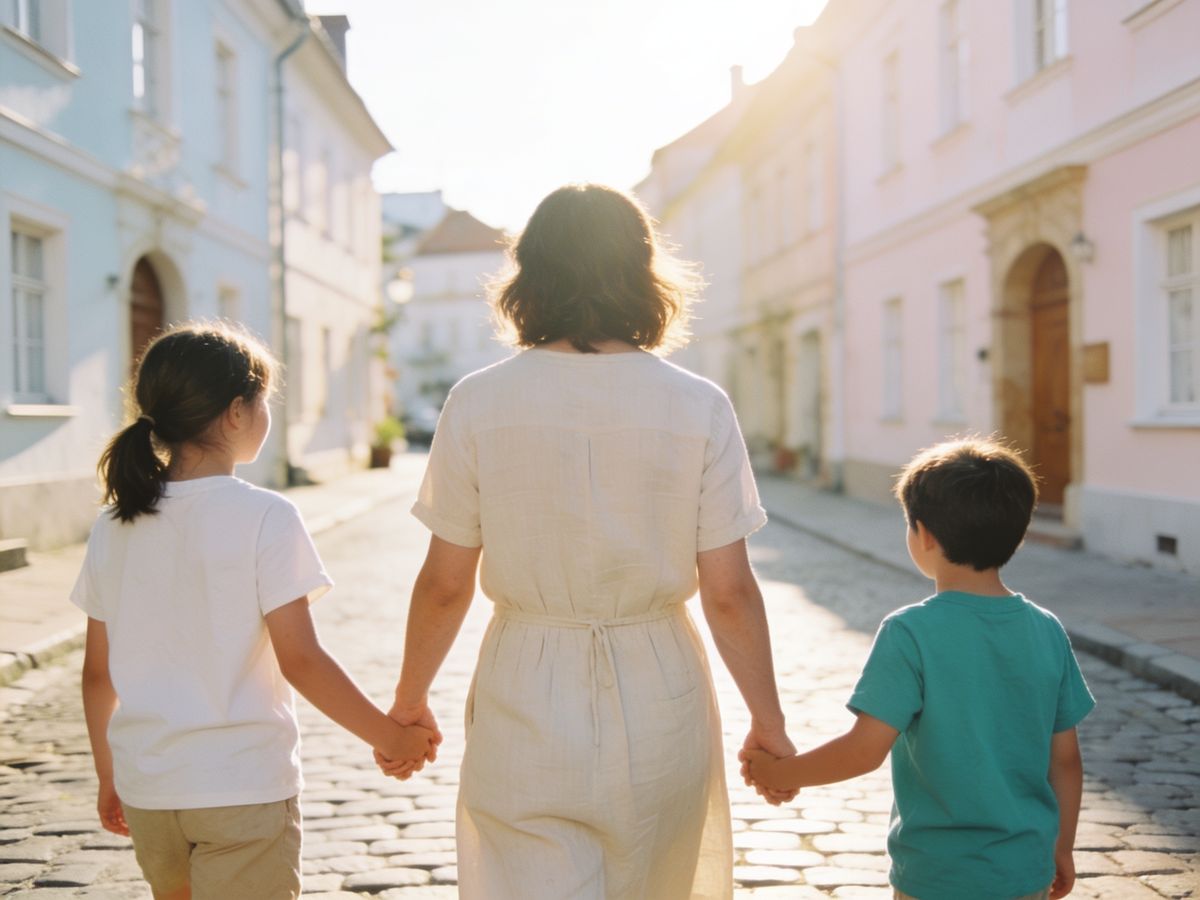 Família caminhando de mãos dadas em rua de cidade europeia